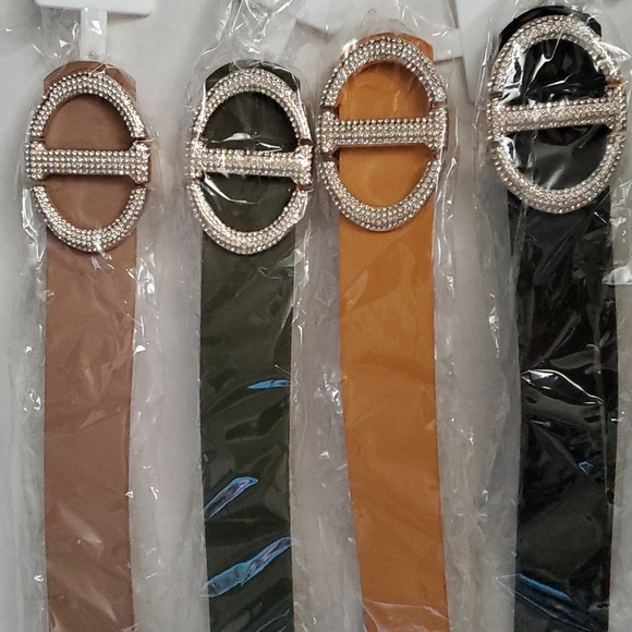 Mustard yellow Faux Leather Rhinestones Buckle Tan Belt 43" Long - Picture 4 of 4